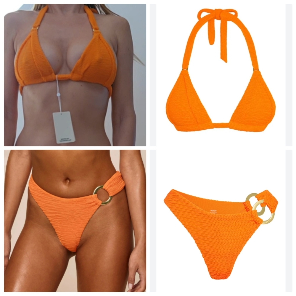 Monday Swimwear Orange Textured Ring-Detail Triangle Bikini